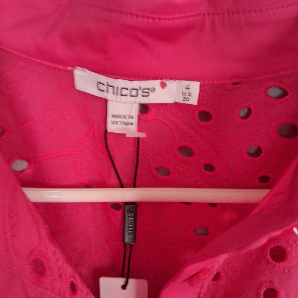 Chico's NWT Solid Pink Emb T oidered Flower Eyelet Button Down Pink Bromeliad 20 - Picture 5 of 7